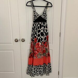 Women's 100% Cotton Polka Dot Floral Scalloped Straps Maxi Dress Size 36 (XS)